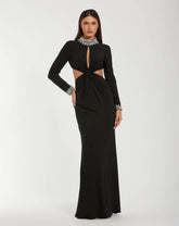 Black Embellished Jersey Long Sleeve Cut Out Evening Gown